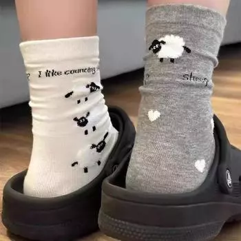 Носки средней длины с флокированной овечьей шерстью в корейском стиле - милый дизайн для колледжа ранней осени One Size белый