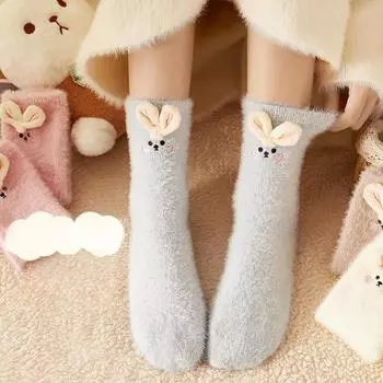 Носки средней длины с рисунком из мультяшного меха норки, детские трехмерные плюшевые носки для сидения, теплые носки для дома и пола