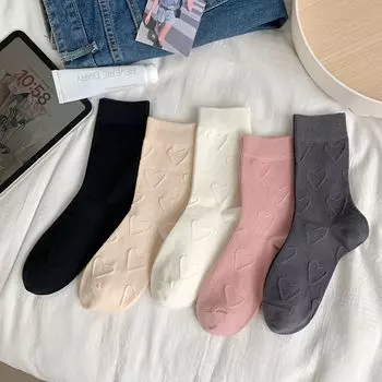 Носки средней длины с тиснением в виде сердца, женские носки JK Lolita Kawaii, милые повседневные модные однотонные хлопковые дышащие длинные носки