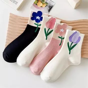Носки Tide Tulip Pure Middle Flower Tube INS Flowers Korea Cotton Socks Jewelry