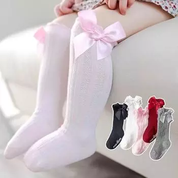 Носки-трубы для девочек, однотонные, с бантом и буквенным принтом, модные, дышащие, теплые чулки S чёрный