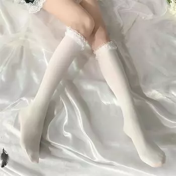 Носки-трубы средней длины с кружевом, женские тонкие, белые, симпатичные носки jk средней длины, модные носки из хлопка с телячьей кожей one size fits all белый