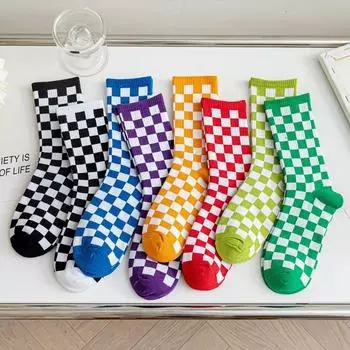 Носки унисекс, модные женские носки в клетку, носки с геометрическим узором, мужские носки в стиле хип-хоп из хлопка, уличная одежда, новинка one size чёрный