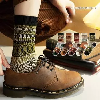 Носки в этническом стиле для детей, средней длины, осенние, длинные, модные, британские, ретро, хлопковые, зимние, двухрядные, ворсистые носки One size fits all чёрный