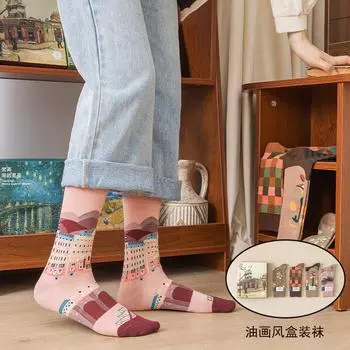 Носки в коробке женские французские легкие роскошные нишевые средние носки трубчатые носки из синьцзянского длинноволокнистого хлопка в стиле литературной масляной живописи абстрактные трендовые носки One Size