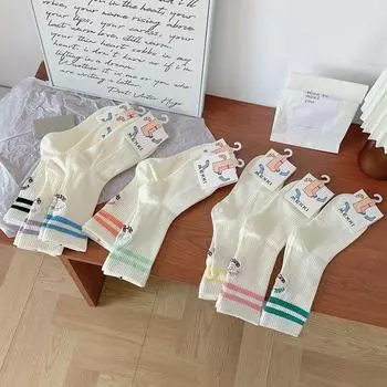 Носки, весенние и летние спортивные носки Dongdaemun Two Bars с вышитыми полосками белого цвета, универсальные женские носки One Size темно-зеленого