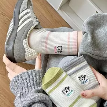 Носки женские хлопковые носки с вышивкой Dongdaemun средние носки-трубы женские носки чулки из чистого хлопка One Size розовый