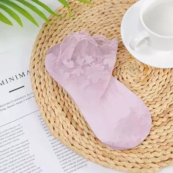 Носки женские кружевные прозрачные Лолита невидимые летние тонкие нескользящие короткие черные носки-лодочки до щиколотки 1 pairs