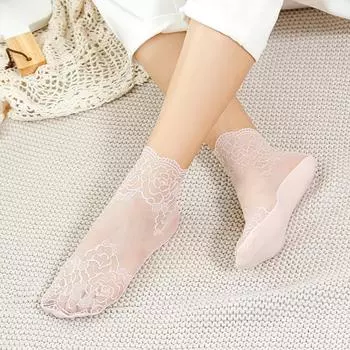 Носки Женские Лолита Кружево Мода Прозрачные Невидимые Тонкие Хлопковые Нескользящие Короткие До щиколотки Черные Белые с Принтом Рюши Носок-лодочка 1 pairs