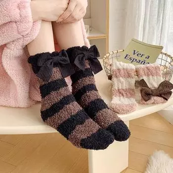 Носки женские полосатые милые бантики коралловые бархатные средней длины зимние теплые милые домашние спальные милые мягкие носки корейский кавайный стиль для девочек One Size