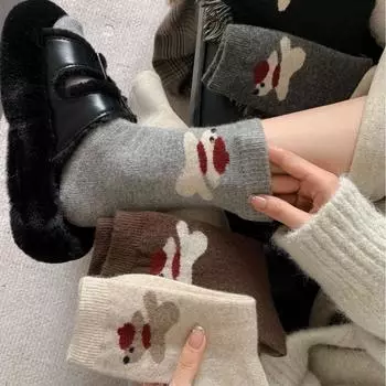 Носки женские утолщенные теплые шерстяные носки с рисунком щенка, милые универсальные носки средней длины, флисовые мягкие носки-трубы One Size темно-серого
