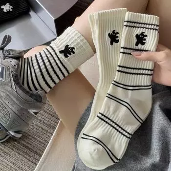 Носки женские Wind с вышивкой в виде милой собаки, классические полосатые трендовые универсальные женские хлопковые носки среднего размера, уложенные в стопку One Size