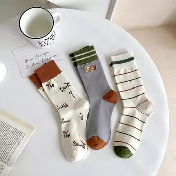 Носки Zhuji Полосатые носки Детские хлопковые носки с вышивкой в стиле колледжа Изысканные носки-трубы с вышивкой One Size