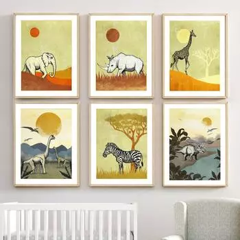 Носорог Жираф Слон Динозавр Детская Стена Искусства Принт Холст Картины Сафари Животные Скандинавский Плакат Декор Фотографии Детская Комната A4 21X30cm No Framed