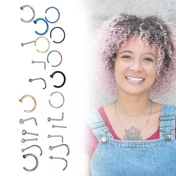 Носовой гвоздь из нержавеющей стали, носовое кольцо в форме буквы С, 22 пирсинга, смешанный набор One Size