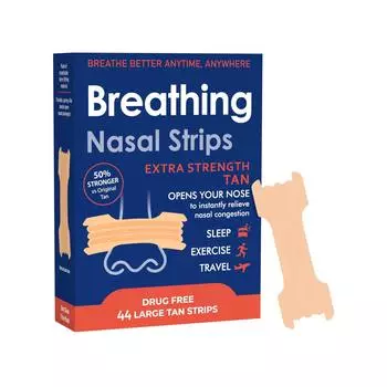 Носовые полоски Breathe Right, Экстра сила, Бежевые носовые полоски, Помогают остановить храп, Решение от храпа без лекарств One Size