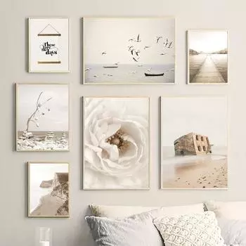 Ностальгический постер с пейзажными записями, настенная живопись на холсте, заброшенные здания, чайка, лодки, принт, современный домашний декор, картина 21x30cm No Frame