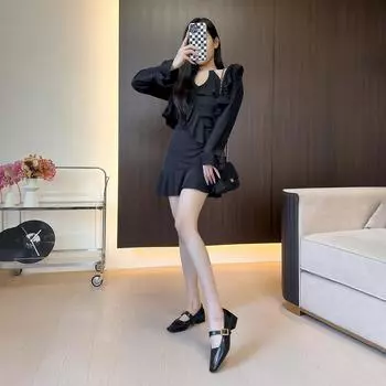 Not tired feet square head soft leather square root shallow mouth single shoes anti-foot loss retro 2025 early spring new evening shoes 35 чёрный