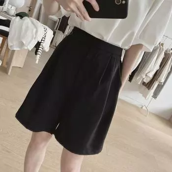 Not Wrinkle Pure Color Loose A- line Shorts Spring and Summer Suit Black M