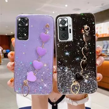 Note11s, блестящий чехол с цепочкой на запястье с изображением сердца для Xiaomi Redmi Note 11 Pro 4g 5g 11pro Plus 10 10s 9 9s, силиконовый чехол для браслета Redmi Note 12 4g