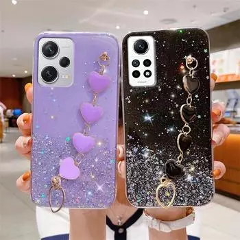 Note12 Блестящий чехол с цепочкой на запястье Love Heart для Xiaomi Redmi Note 12 Pro Plus 12s 12pro 4g 5g 11s, силиконовый чехол для браслета 12c Redmi Note 12 4g