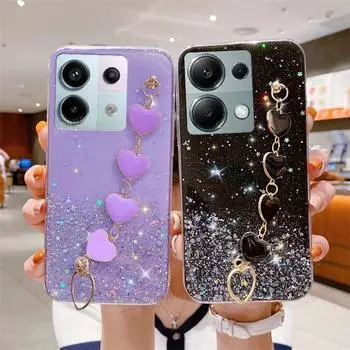 Note13 Love Heart Wrist Chain Glitter Case On For Xiaomi Redmi Note 13 Pro 4g 5g 13pro Plus 12 12pro 13c Bracelet Silicone Cover Redmi Note 13 4g