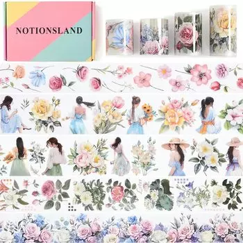 NOTIONSLAND Masking Cute and Beautiful Flower Girl Planner Washi Transparent PET Wide Width Rolls Gift Tape, Design, DIY, Paper, Tape, (4 Box) белый