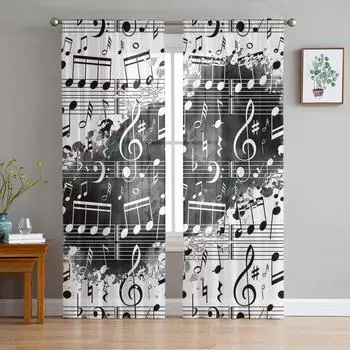 Ноты Музыка Черно-белые Акварельные Всплески Прозрачные Шторы для Украшения Гостиной Оконные Шторы Кухонные Тюль Вуаль Шторы W135 x H115cm x1