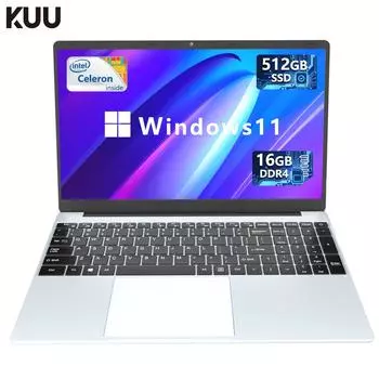 Ноутбук KUU 15,6 дюйма, 16 ГБ, система Windows 11 Pro, 16 ГБ ОЗУ, 512 ГБ, 1024 ГБ, 256 ГБ, ноутбук Intel Celeron N5095, офисный компьютер