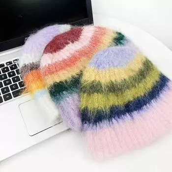 НОВАЯ полосатая шапка-бини осень-зима шерстяная мягкая теплая вязаная шапка женская шапка-чепец шапки для девочек вязаные шапки Y2K для активного отдыха на природе лыжные шапки One Size