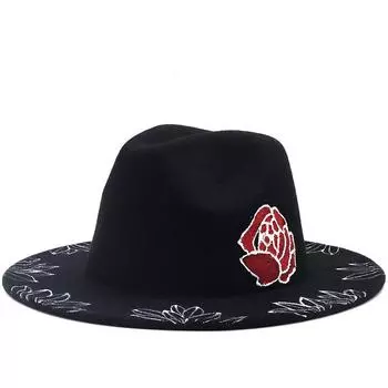 НОВАЯ ручная роспись цветов, шерстяной фетр, черная шляпа-федора для женщин/мужчин с широкими полями, осенне-зимняя панамская джазовая кепка 56-58CM Adjustable