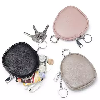 НОВИНКА 2024, мини-кошелек из натуральной кожи, женский верхний слой из воловьей кожи, минималистичный брелок для хранения монет, чехол на молнии, держатель для наушников, маленькая сумка серый