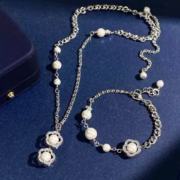НОВИНКА IN2023 Жемчужный тканый комплект ювелирных изделий на каждый день Изысканный банкетный тренд на день рождения Жемчужное ожерелье с цветком и бриллиантами Браслет rackley