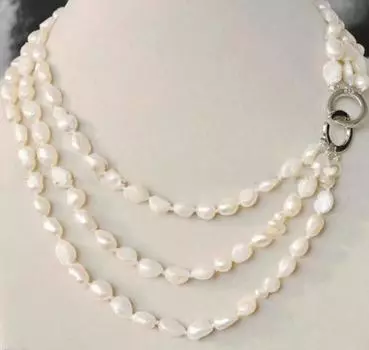 НОВОЕ 3-рядное ювелирное ожерелье из настоящего белого пресноводного жемчуга в стиле барокко 7-8 мм