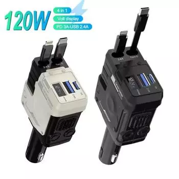 НОВОЕ автомобильное зарядное устройство 120 Вт 4 в 1 с выдвижным кабелем USB Type C для быстрой зарядки автомобильного телефона, вольтметра, адаптера питания для телефона Huawei Samsung чёрный
