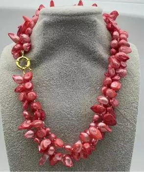 НОВОЕ колье из 3 рядов розового пресноводного жемчуга в стиле барокко с хвостом