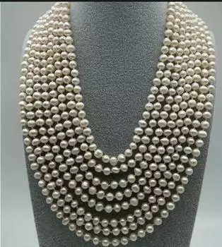НОВОЕ красивое ожерелье из белого круглого пресноводного жемчуга диаметром 17–24 дюйма, 8 рядов, диаметром 6–7 мм.