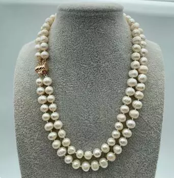НОВОЕ ОПТОВОЕ ОЖЕРЕЛЬЕ ИЗ 2 РЯДОВ БЕЛОГО ЖЕМЧУГА 9-10 мм 18 ДЮЙМОВ