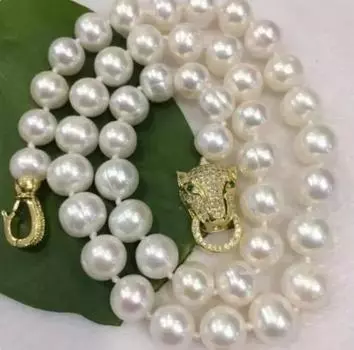 НОВОЕ ожерелье с пресноводным жемчугом и белым жемчугом диаметром 9–10 мм, леопардовая застежка 18 дюймов.