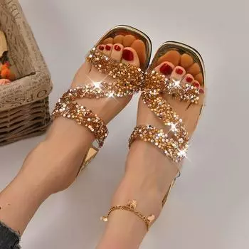 НОВЫЕ блестящие тапочки со стразами, женские роскошные босоножки на среднем каблуке со стразами, женские бохо-золотые шлепанцы на странном каблуке, летняя обувь 35 чёрный