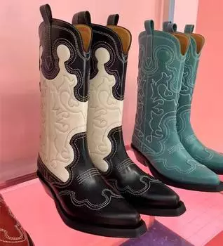 НОВЫЕ ботинки женские вышитые туфли на толстом каблуке в уличном стиле женские ботинки в стиле вестерн с острым носком без застежек длиной до середины голени сшитые боты 35 чёрный