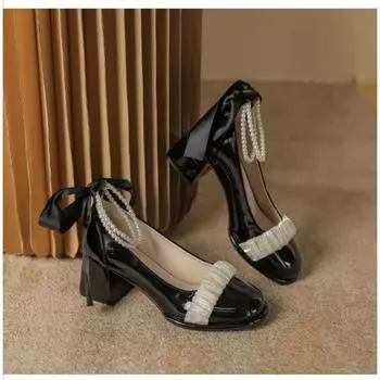 НОВЫЕ французские туфли Мэри Джейн, женские осенние модные туфли с бантом на высоком каблуке, жемчужные толстые каблуки, кожаные туфли с неглубоким носком, женские туфли 35