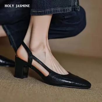 НОВЫЕ летние женские босоножки из натуральной кожи, женские туфли с закрытым носком, туфли с открытой пяткой, узкие женские туфли с квадратным носком и высоким каблуком 34 коричневый