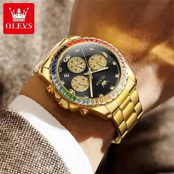 НОВЫЕ мужские часы с цветным бриллиантовым безелем из высококачественной нержавеющей стали, водонепроницаемые часы, роскошные многофункциональные наручные часы для мужчин чёрный/золотой