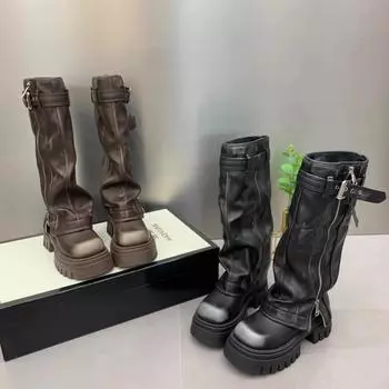 НОВЫЕ осенне-зимние женские сапоги на плоской подошве с каблуком, женские высокие сапоги из высококачественной кожи, женские рыцарские сапоги, повседневные сапоги до колена 35