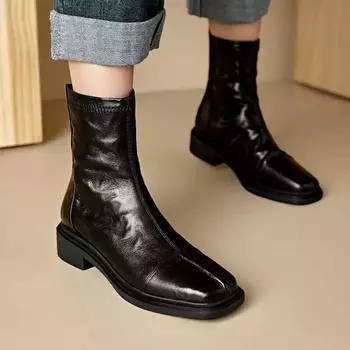 НОВЫЕ осенние ботинки женские из спилковой кожи женские туфли с квадратным носком туфли на толстом каблуке повседневные современные ботинки на молнии зимние черные ботинки 35 чёрный