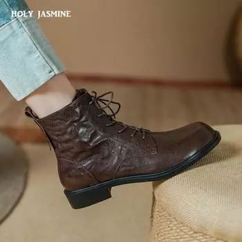 НОВЫЕ осенние женские сапоги из натуральной кожи женские сапоги с круглым носком на толстом каблуке женские ботильоны на шнуровке женские туфли на низком каблуке 34 чёрный