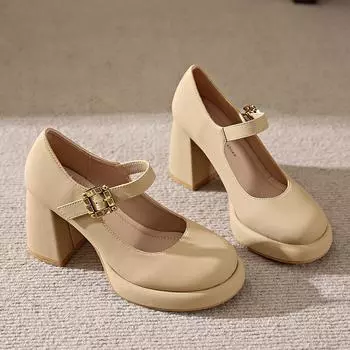 НОВЫЕ Туфли Мэри Джейн на толстом каблуке, женские туфли-лодочки с пряжкой и квадратным носком, женские кожаные туфли, женская мода, повседневный комфорт, большие размеры 34