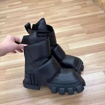 НОВЫЕ женские мотоциклетные ботинки на толстой платформе, роскошные зимние ботинки до середины голени со шнуровкой и квадратным носком, повседневные черные ботильоны 34 чёрный
