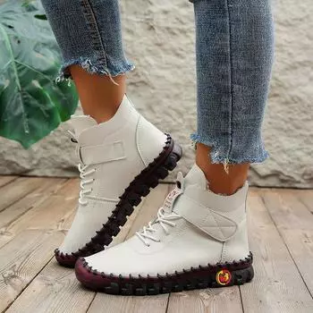 НОВЫЕ зимние плюшевые полусапожки большого размера на шнуровке, сшитые вручную хлопковые туфли на мягкой подошве, теплые плюшевые нескользящие полусапожки из натуральной кожи 35 красный